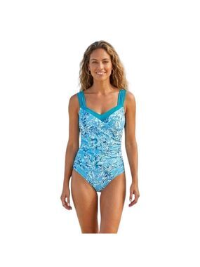 Blue Floral One Piece Swimsuit Tummy Control Ruched V Neck S NWOT